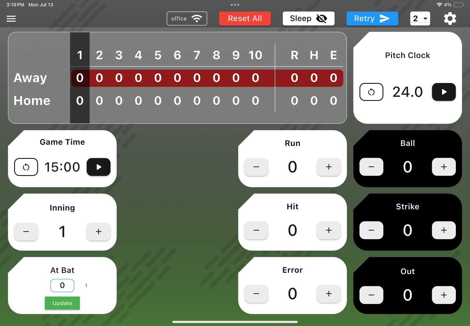Microframe Baseball scoring controller on a tablet