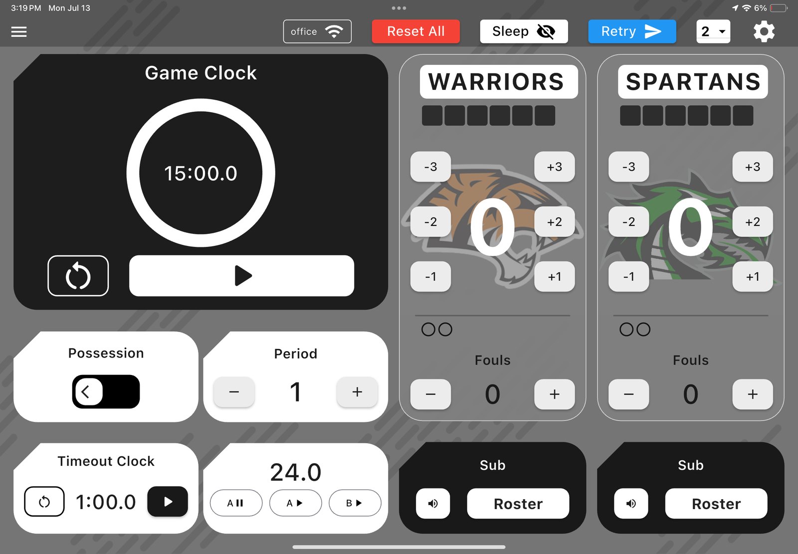 Microframe Basketball scoring controller on a tablet