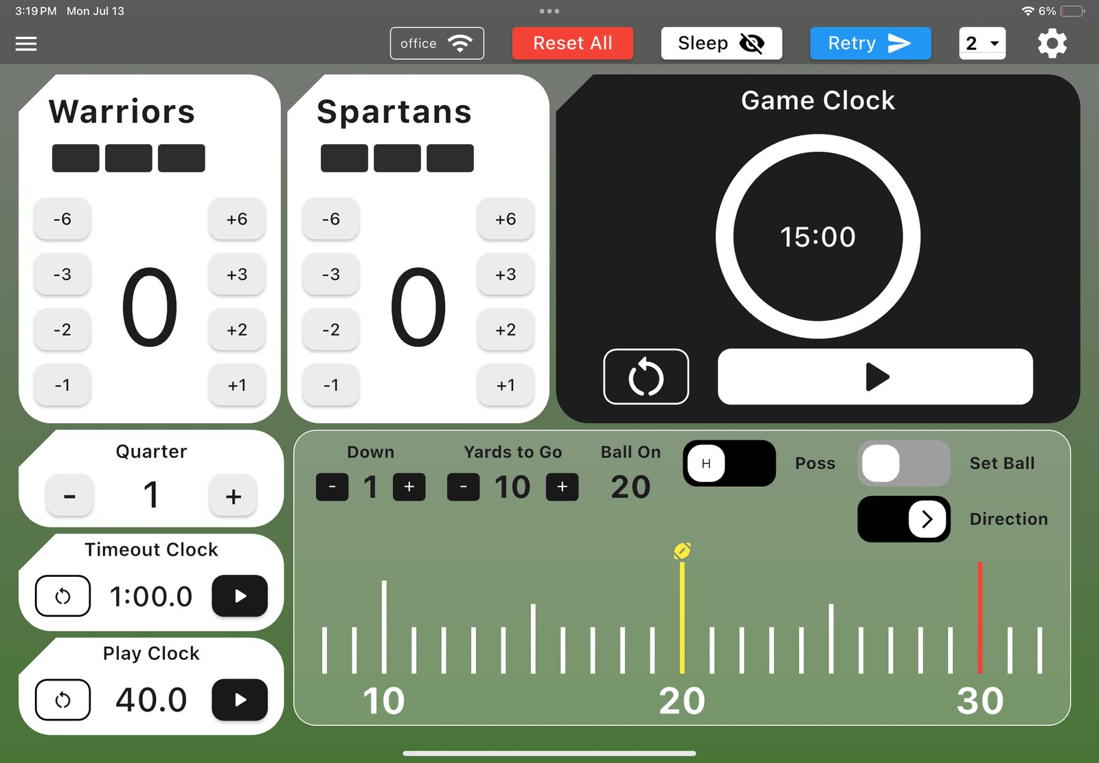 Microframe Football scoring controller on a tablet