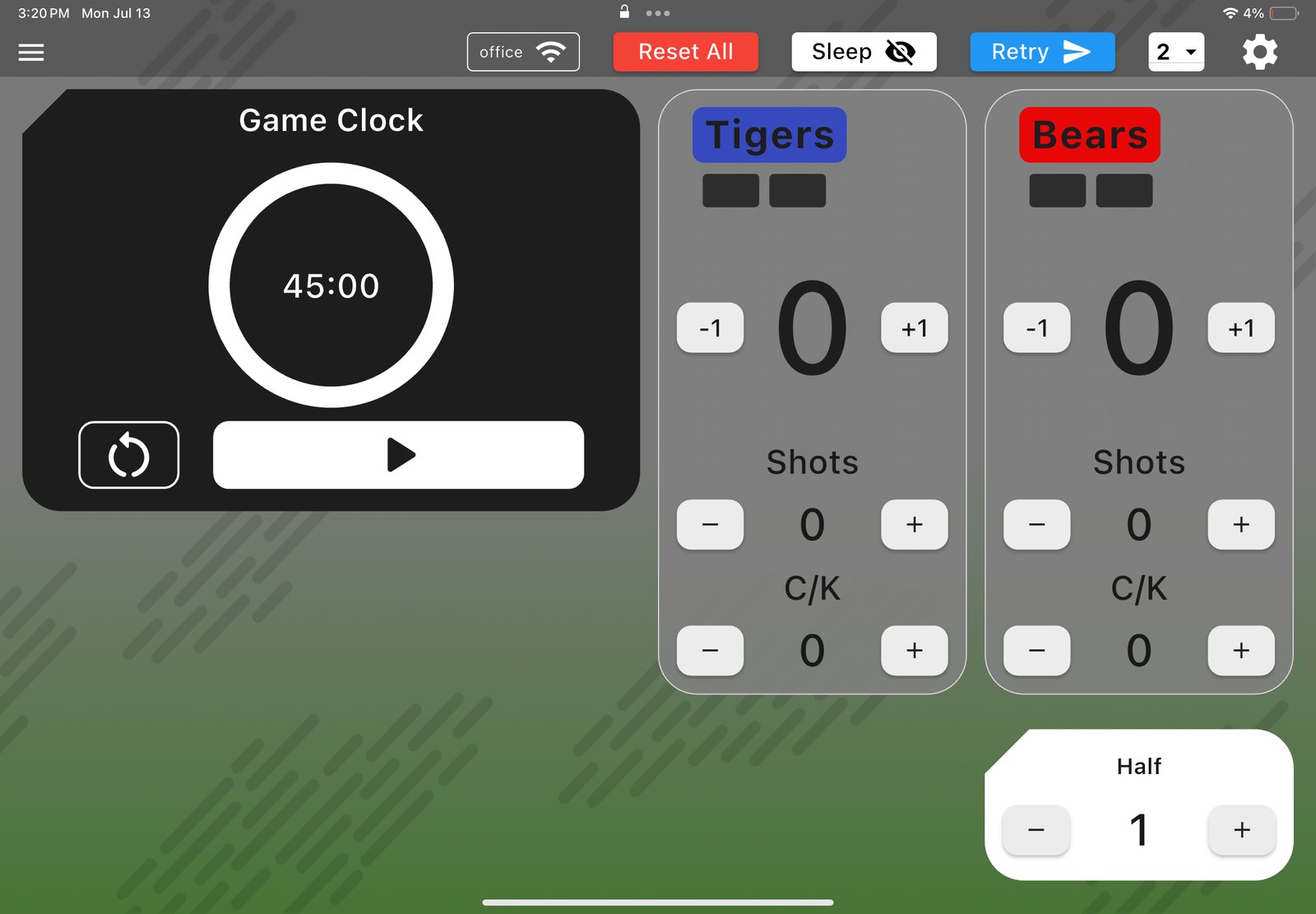 Microframe Soccer scoring controller on a tablet
