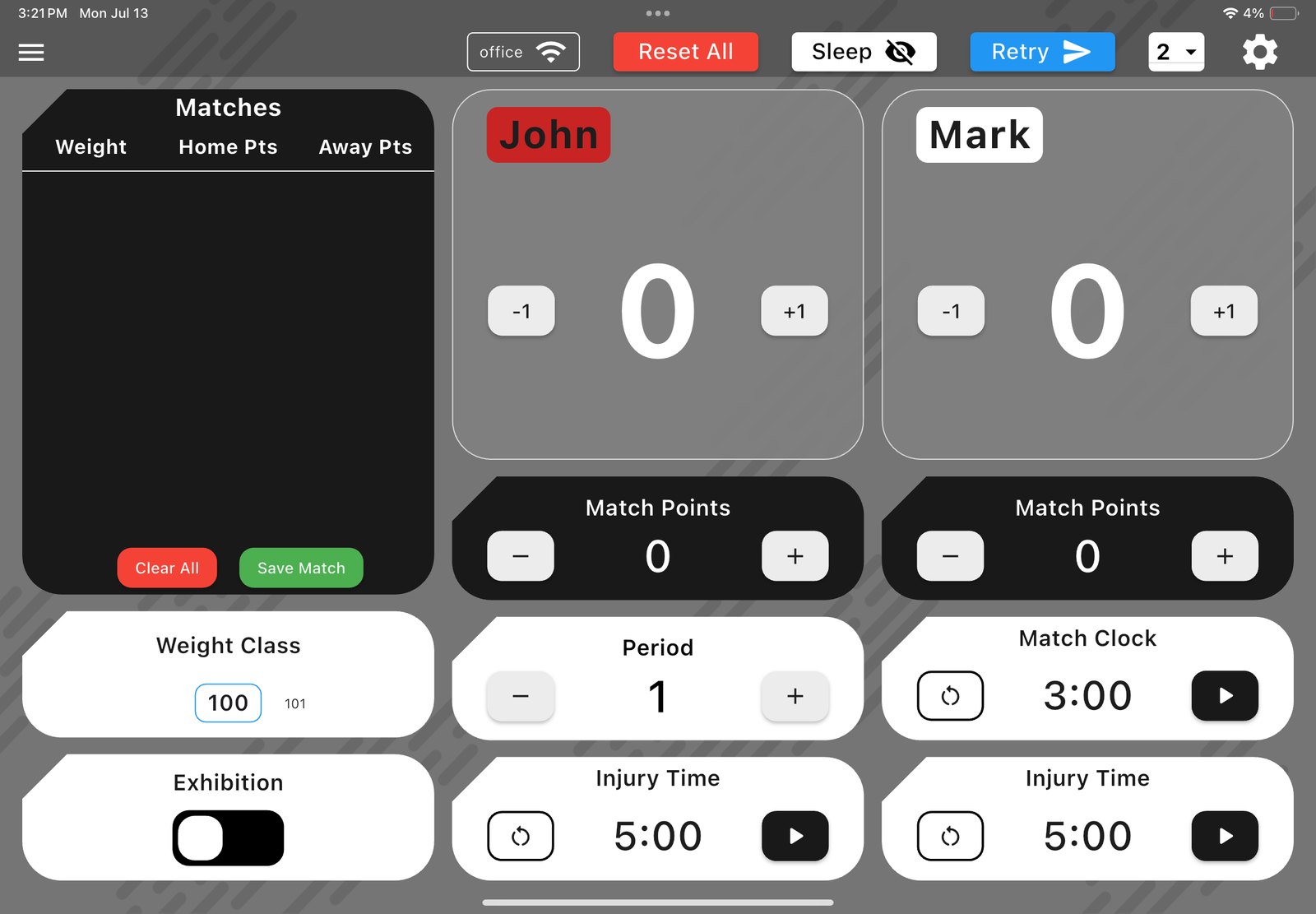 Microframe Wrestling scoring controller on a tablet