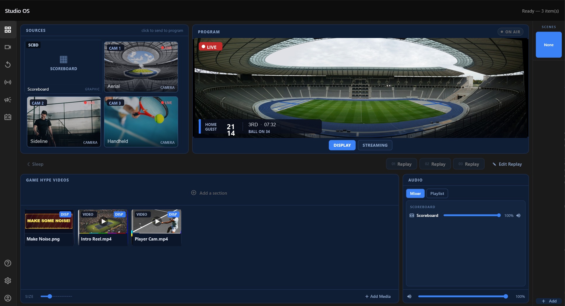 Studio OS live-production interface — camera feeds, the live program output with scoreboard overlay, and the game-hype video library